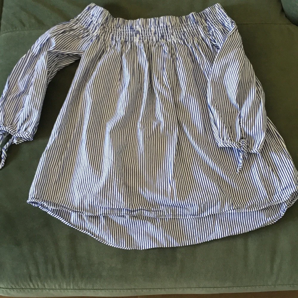 Tuckernuck Inslee blue and white striped off shoulder tunic blouse top S - Picture 6 of 14